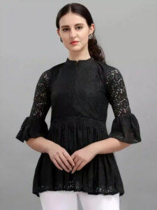 black solid net top with crepe inner for women