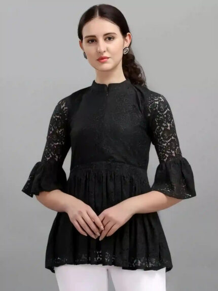 black solid net top with crepe inner for women
