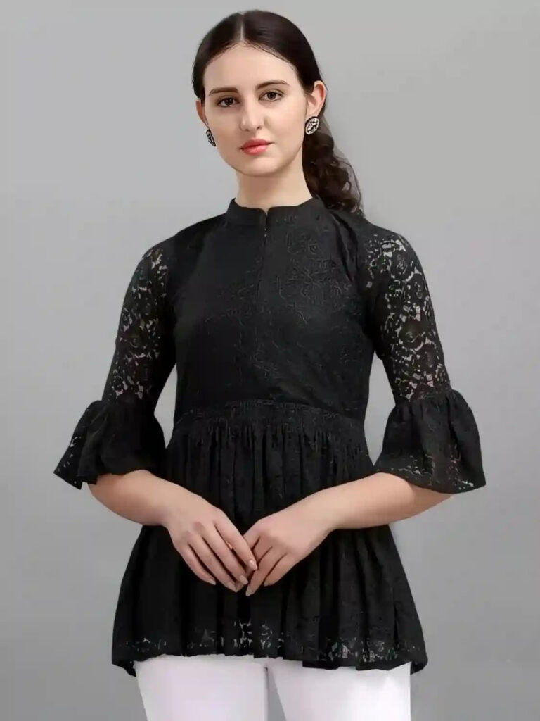 black solid net top with crepe inner for women