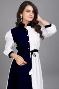 Blue pure cotton colourblock casual & party wear fit & flare dress with comfortable belt