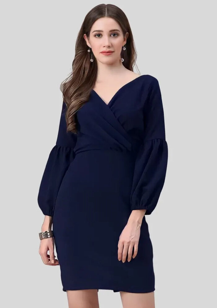 Blue V neck party wear polyester bodycon dress for women