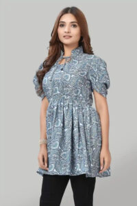 blue floral crepe tie-up neck solid ruffle top for women