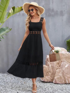 Casual black flower crochet wide strap midi dress