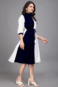 Casual and party wear blue cotton colourblock dress with round collar neck