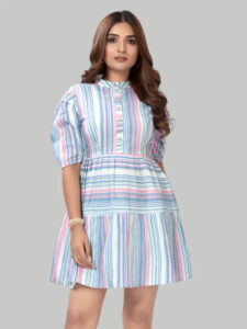 Knee-length blue stripe cotton fit & flare dress with collar neck