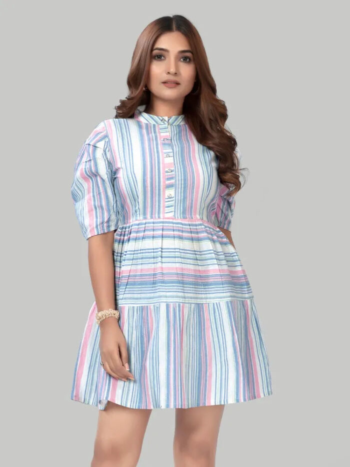 Knee-length blue stripe cotton fit & flare dress with collar neck