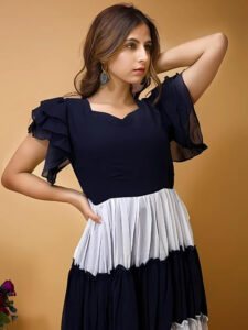 Blue & white colourblocked crepe maxi dress with V neck and short flared sleeves