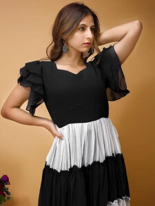 Casual and party wear black & white colourblocked crepe maxi dress