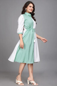 Casual and party wear light green cotton colourblock dress with inner