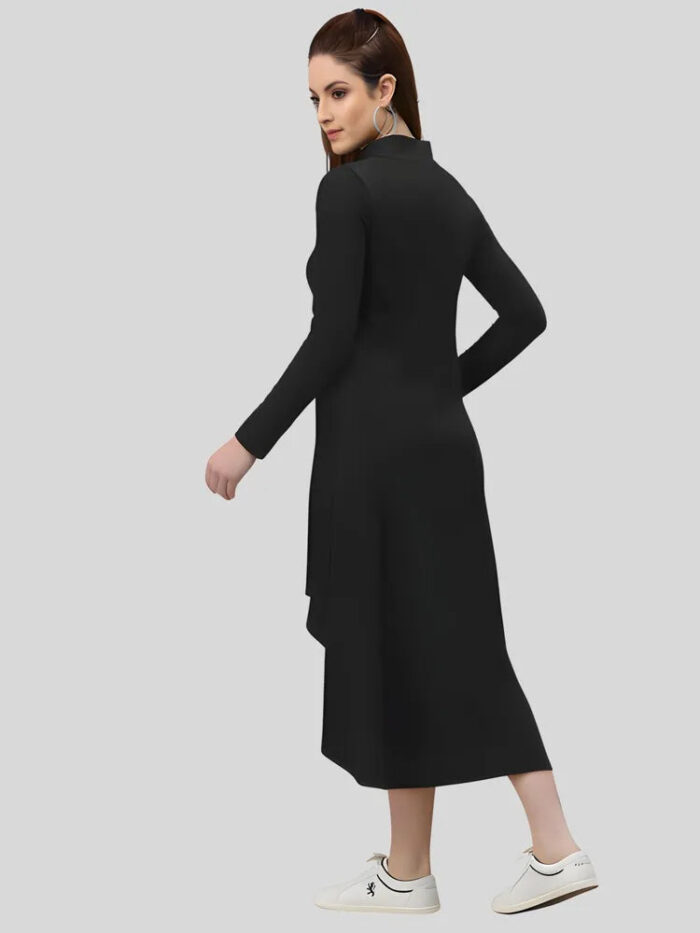 Chic black high low polyester bodycon dress with classic collar neck by ZELZIS