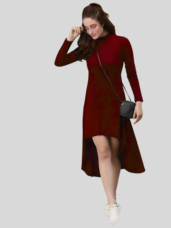 Chic maroon knee-length high low polyester western dress for women by ZELZIS