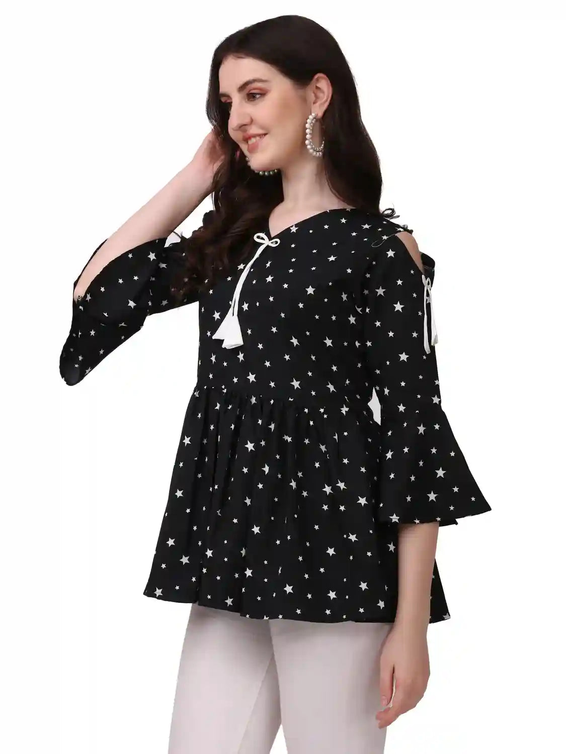chic black tunic top for casual and party wear with star print