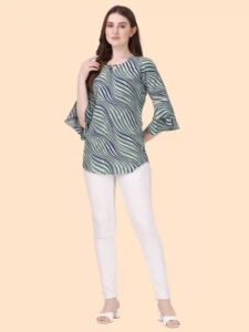 chic green striped crepe top with a keyhole neck for party occasions