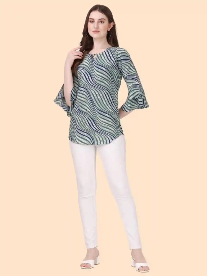 chic green striped crepe top with a keyhole neck for party occasions