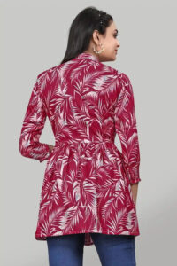 chic maroon leaf print tunic top in rayon for casual and party wear