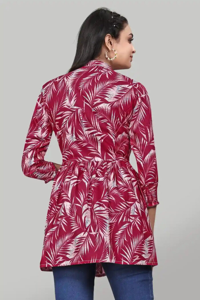 chic maroon leaf print tunic top in rayon for casual and party wear