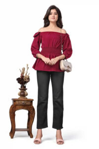 chic maroon off-shoulder crepe top with three-quarter sleeve design