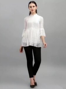 chic white coding net top with crepe fabric inner for parties