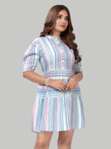 Blue stripe fit & flare cotton dress with collar neck and short sleeves