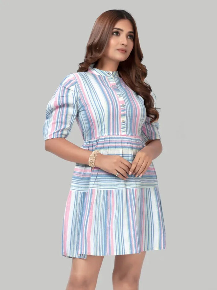 Blue stripe fit & flare cotton dress with collar neck and short sleeves