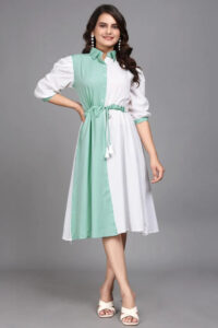 Comfortable belt light green colourblock cotton fit & flare dress