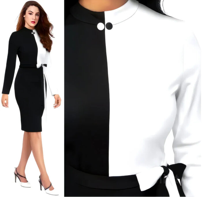Comfortable black and white polyester bodycon dress with belt by ZELZIS
