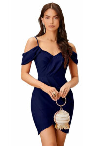 Comfortable blue solid polyester party wear dress with knee length by ZELZIS