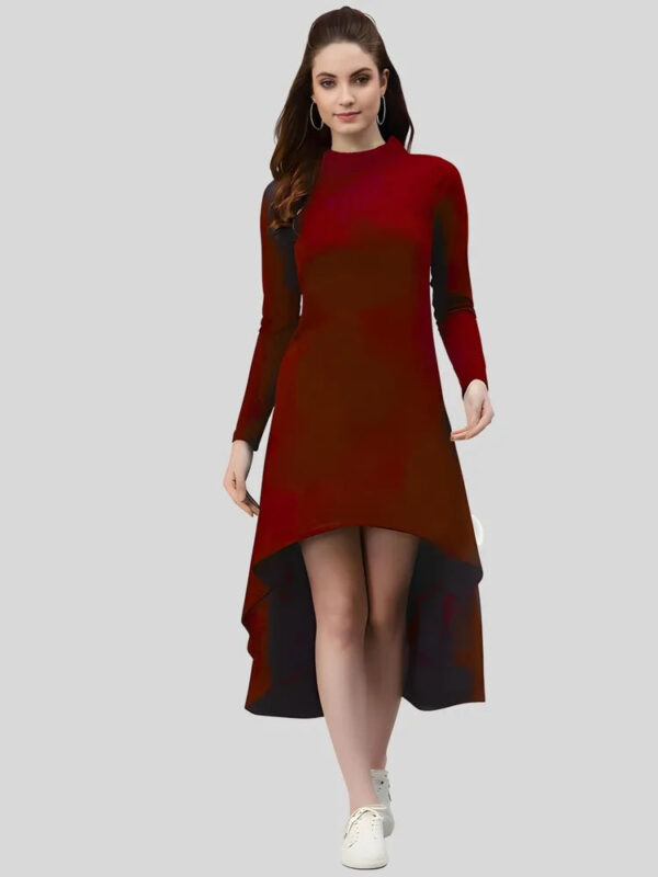 Comfortable maroon high low polyester dress with machine-hand wash care by ZELZIS