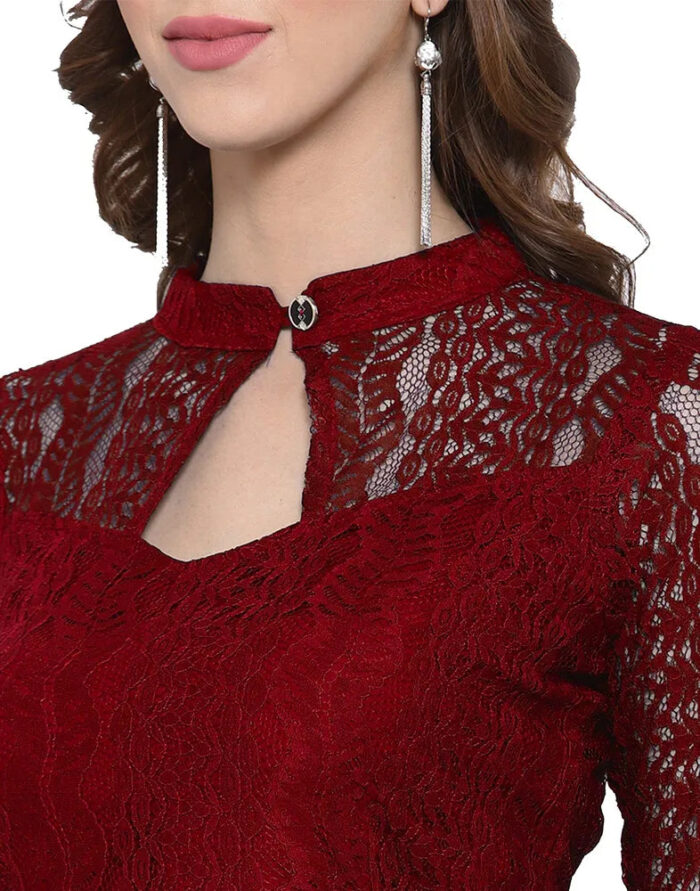 Comfortable maroon coding net high low dress with inner