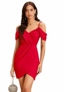 Comfortable red solid knee-length dress with shoulder strap neck by ZELZIS