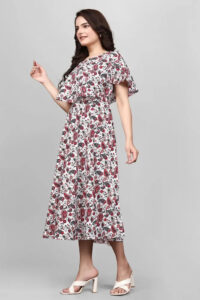 Comfortable red floral wrap maxi dress with flared sleeves by ZELZIS
