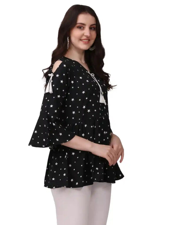 comfortable black star printed tunic with unique cutout style