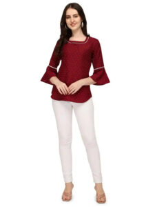 comfortable maroon crepe tunic top with hip length