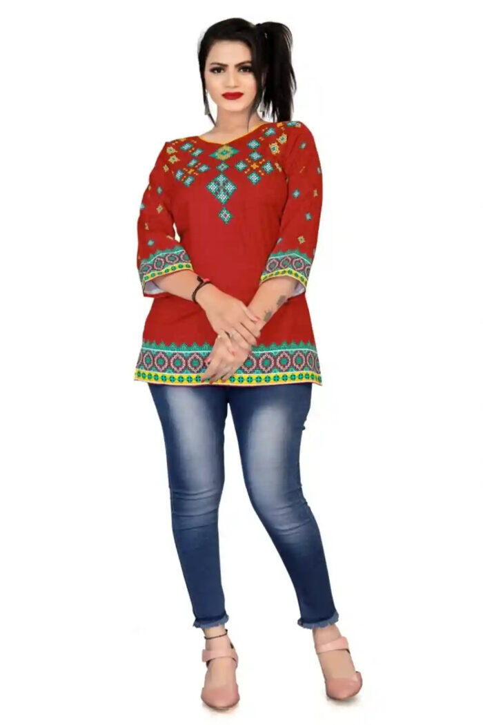comfortable red hip length tunic top for party wear
