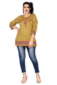 comfortable yellow rayon tunic top with trendy digital print
