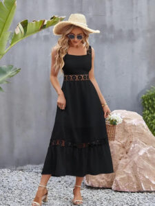 Designer black flower crochet stylish midi dress