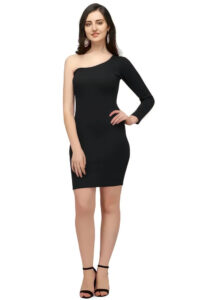 Designer black knee-length one shoulder polyester dress by ZELZIS