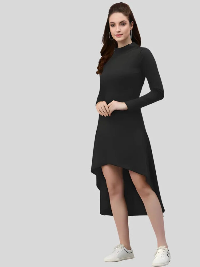 Designer black solid high low polyester bodycon dress by ZELZIS