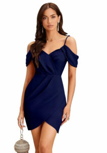 Designer blue polyester dress with shoulder strap neckline by ZELZIS