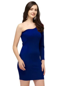 Designer blue knee-length one shoulder solid dress