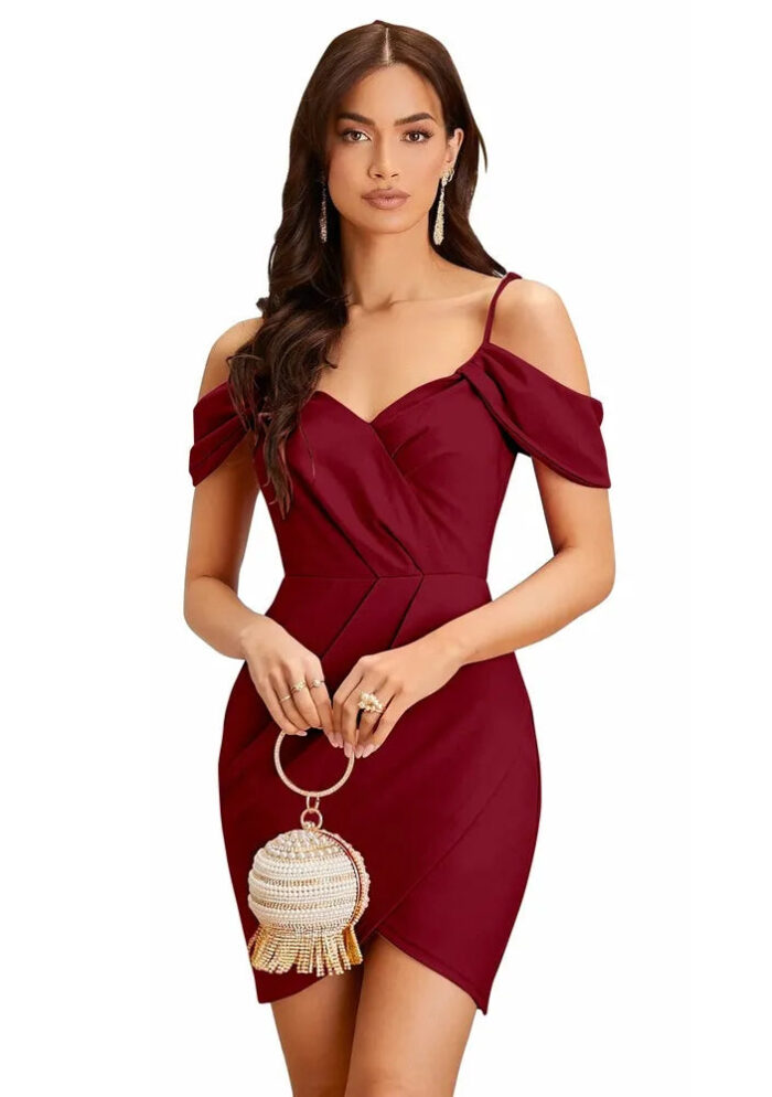 Designer maroon knee length polyester dress with shoulder strap by ZELZIS