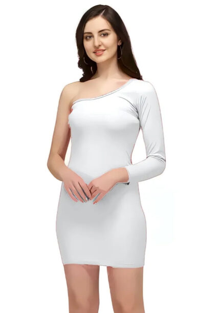 Designer white knee-length one shoulder polyester dress by ZELZIS