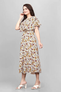 Designer yellow mango floral wrap maxi dress with round neck by ZELZIS