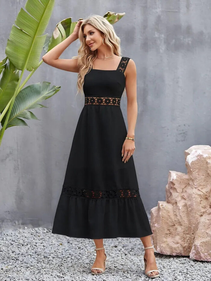 Elegant black flower crochet midi dress with wide straps