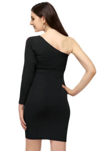 Elegant black knee-length one shoulder solid dress by ZELZIS