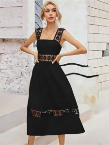 Elegant black wide strap party wear dress with lace