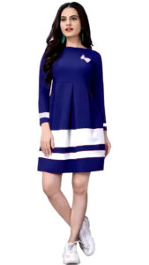 Elegant blue colourblock crepe dress with butterfly design