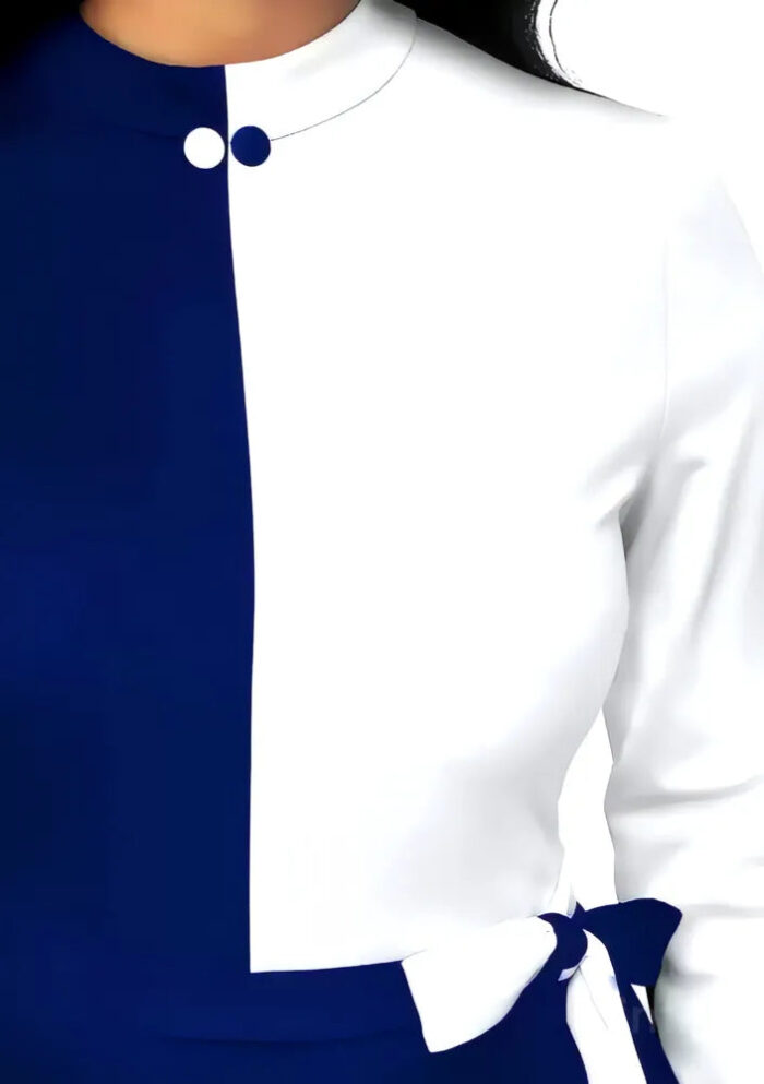 Elegant blue and white colourblock polyester bodycon dress with knee length by ZELZIS