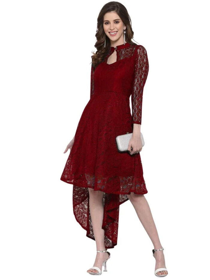 Elegant maroon coding net high low dress with inner