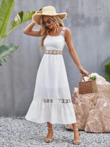 Elegant white flower crochet wide strap midi dress